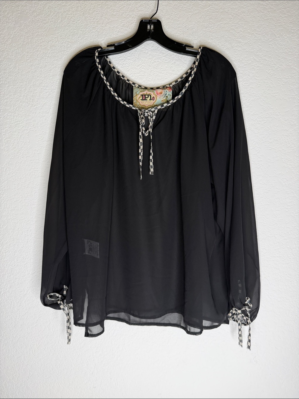 IPNG Black Long-Sleeve Sheer Peasant Blouse with Contrast Trim